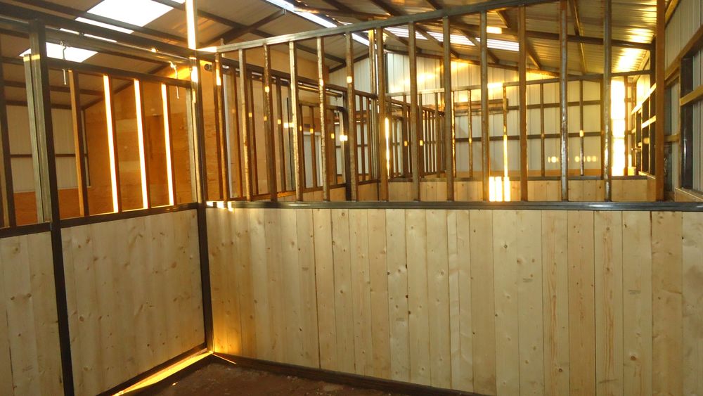 Interior of an 11 foot by 11 foot horse stall with fresh wood plank kick walls and open steel grill uppers